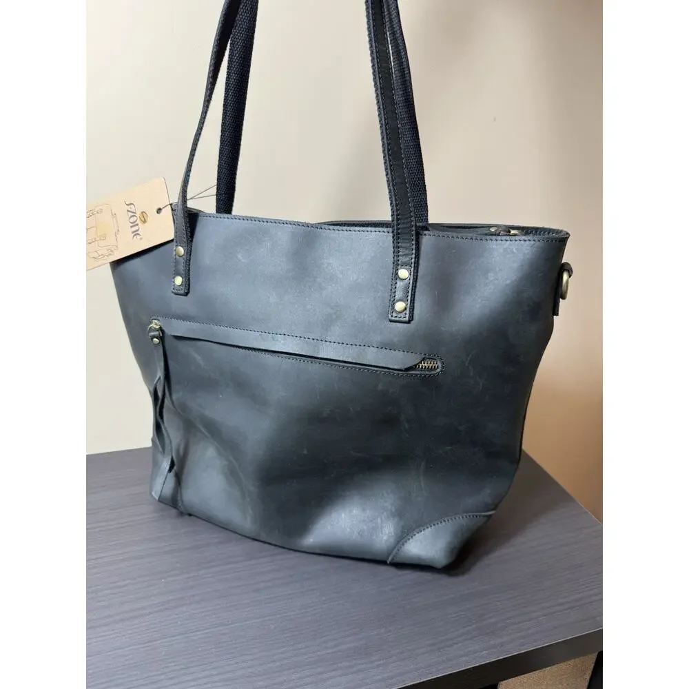 S-ZONE Women's Vintage Leather Work Tote Bag Black Crossbody Strap & Dustbag NEW